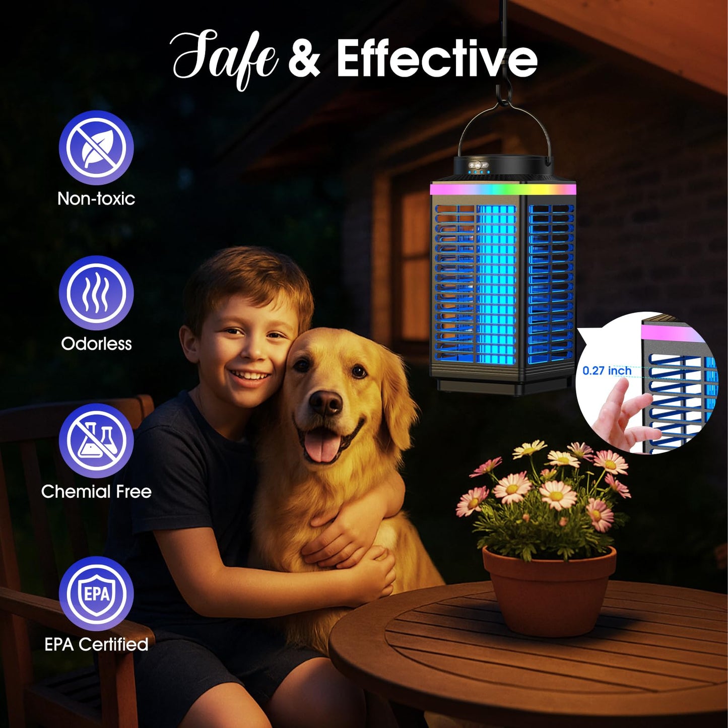 Bug Zapper Outdoor, 4-in-1 4200V Electric Mosquito Zapper, Cordless Rechargeable Bug Zapper Fly Zapper with 5000mAH Battery, Waterproof IP68, Portable & Wireless Insect Zapper for Camping Patio Black