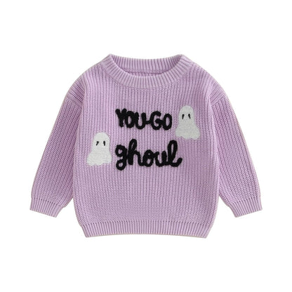 Baby Halloween Sweater Boy Girl Pumpkin Long Sleeve Crewneck Embroidery Knit Sweatshirt Toddler Pullover Tops (Ghoul Purple, 4-5 Years)