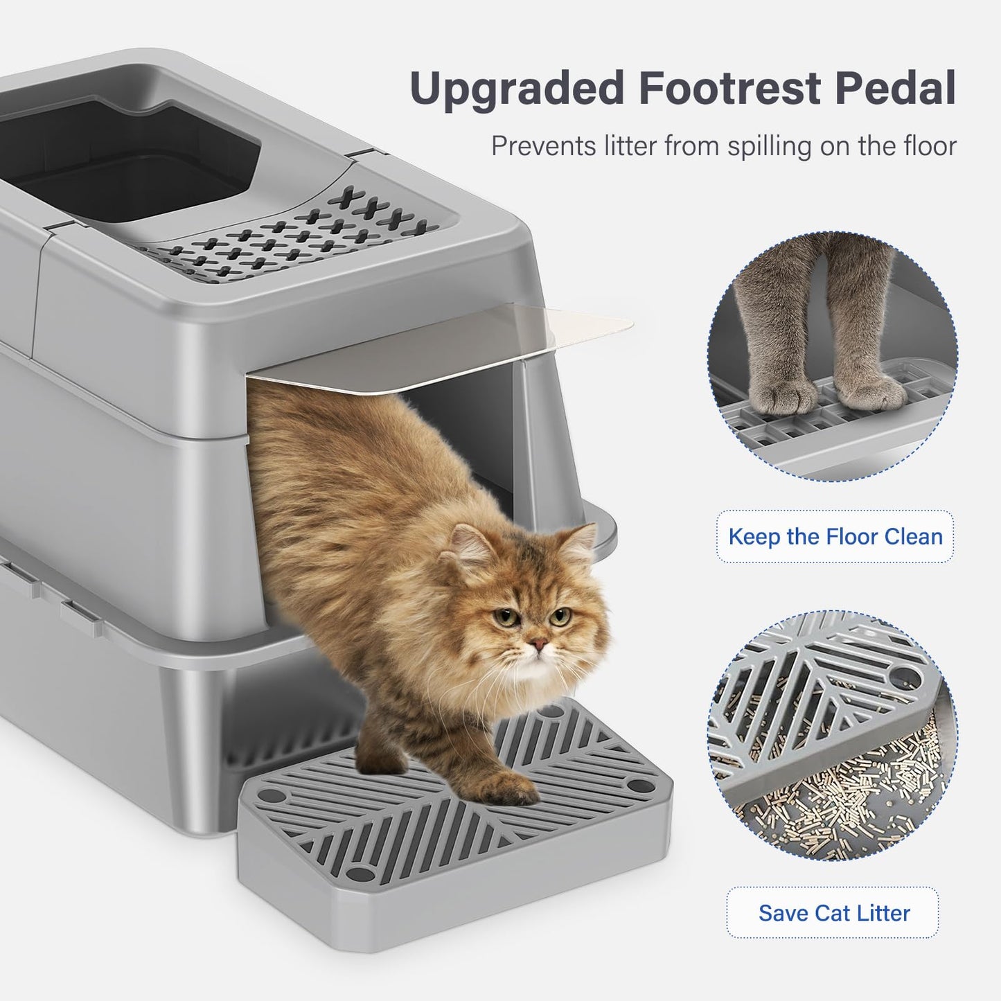 Aphyxen Stainless Steel Litter Box with Lid, XL Extra Large Enclosed Cat Litter Box for Big Cats 110° Flip Cover, Top Entry Metal High Sided Cat Box & Pedal & Scoop, Anti-Leakage (Grey)