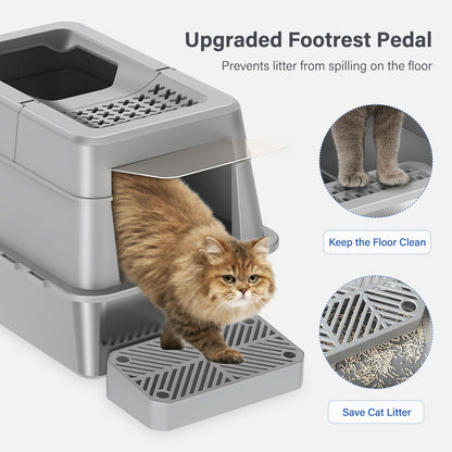 Aphyxen Stainless Steel Litter Box with Lid, XL Extra Large Enclosed Cat Litter Box for Big Cats 110° Flip Cover, Top Entry Metal High Sided Cat Box & Pedal & Scoop, Anti-Leakage (Grey)