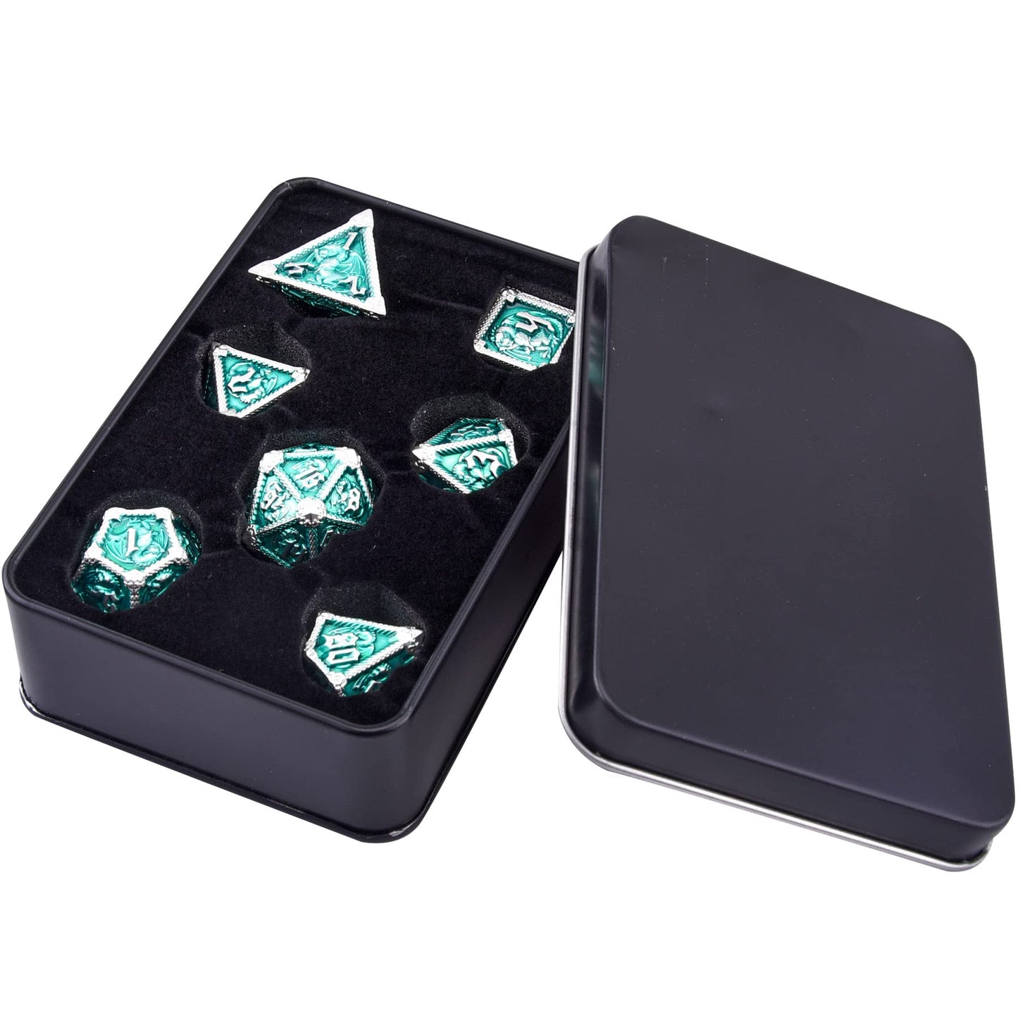 AUSTOR 7-Die Metal DND Dice Set Dungeons and Dragons Polyhedral Roll Playing Dice with Box D20 D12 D10 D% D8 D6 D4 for Pathfinder MTG RPG Board Games