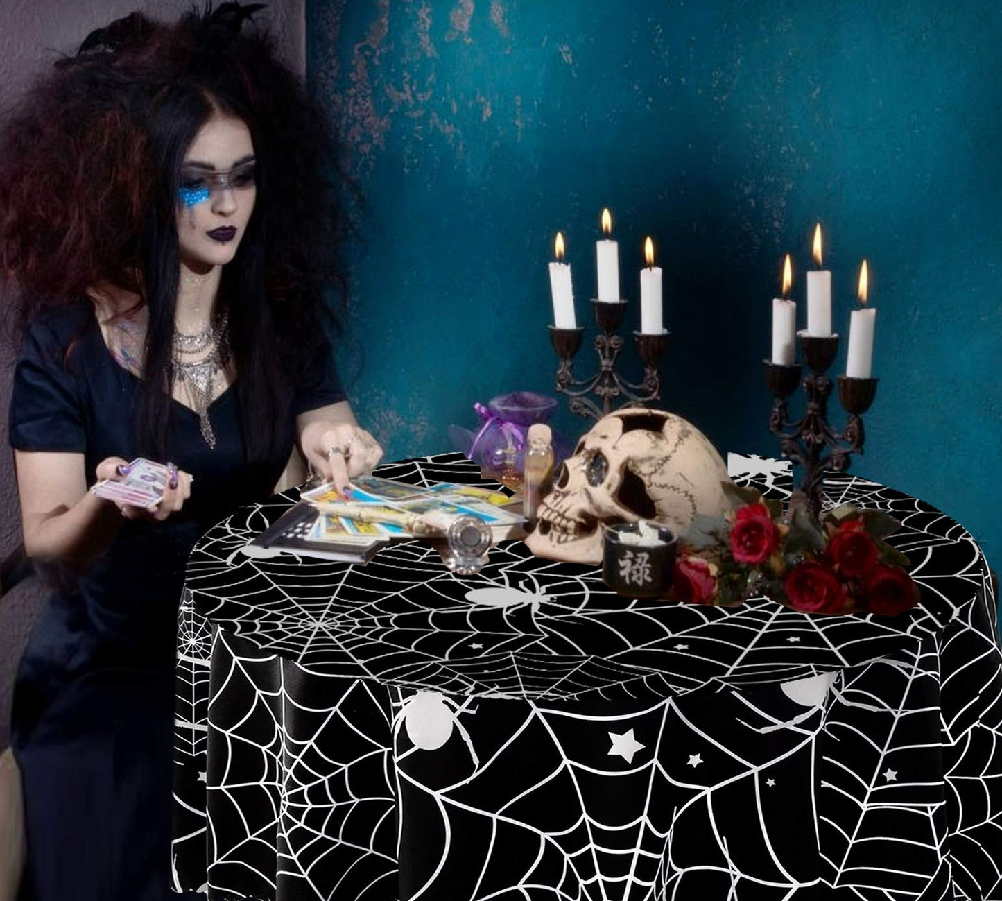 60 Inch Round Polyester Tablecloth, Halloween Black Spider Web Table Cloth, Spillproof Washable Polyester Table Cover - Perfect for Halloween Party Decorations