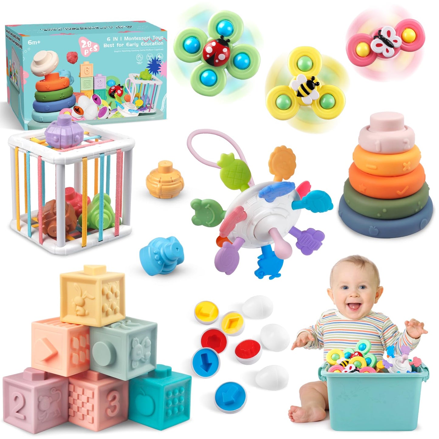 6 in 1 Baby Toys 6 to 12 Months, Montessori Toy for Toddlers 1-3, Infant Teething Babies Toy Stacking Blocks Rings Pull String Toy Sorter Sensory Bin