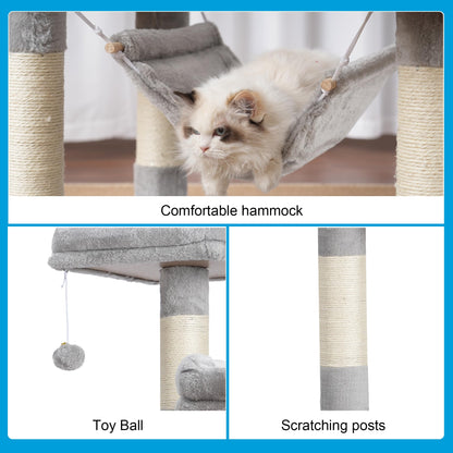 Hey-brother Large Multi-Level Cat Tree Condo Furniture with Sisal-Covered Scratching Posts, 2 Bigger Plush Condos, Perch Hammock for Kittens, Cats and Pets Light Gray MPJ020W