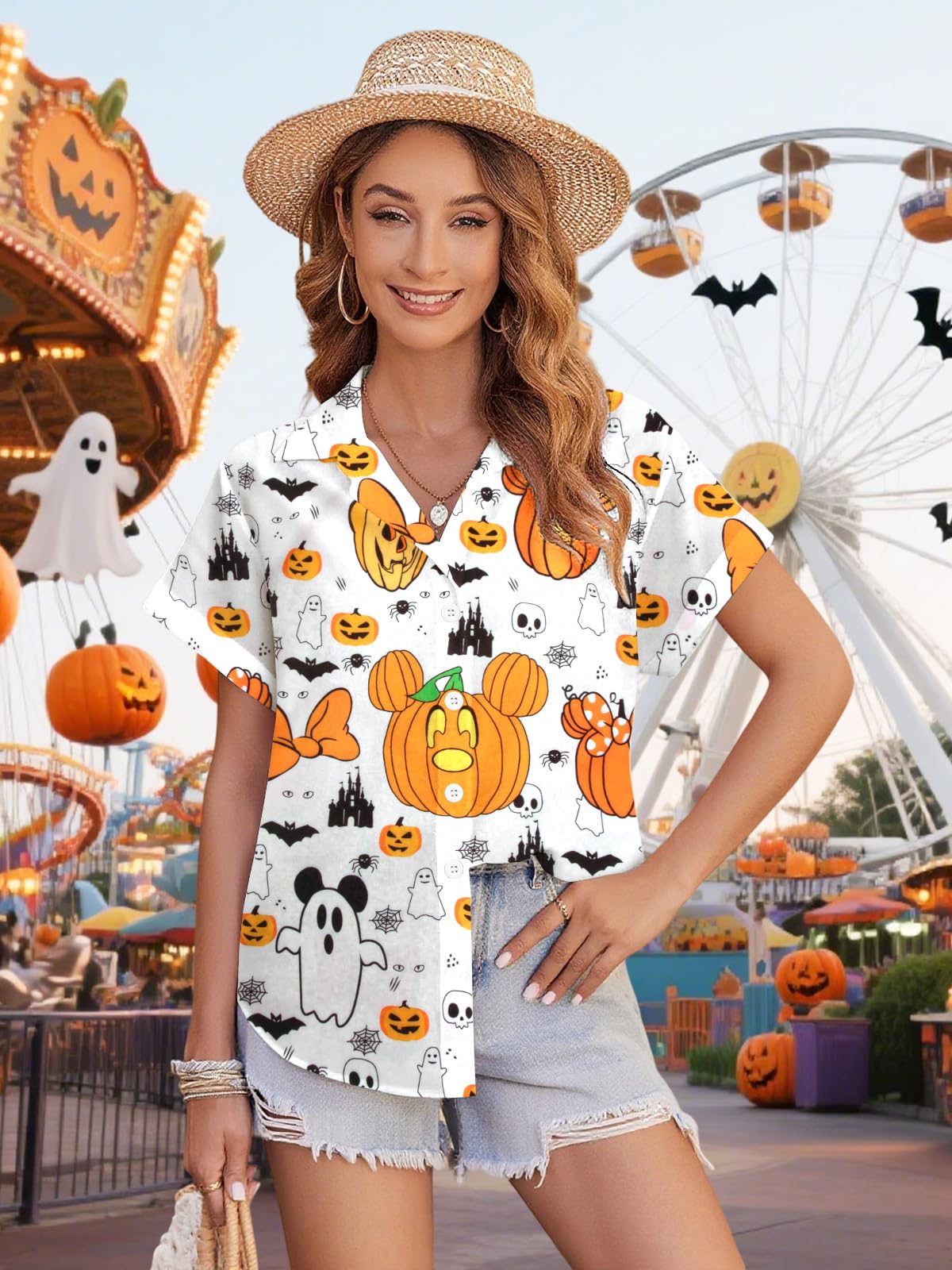 Womens Halloween Hawaiian Shirt Cute Pumpkin Spooky Castle Graphic Tee Magical Halloween Short Sleeve Button Up Tops