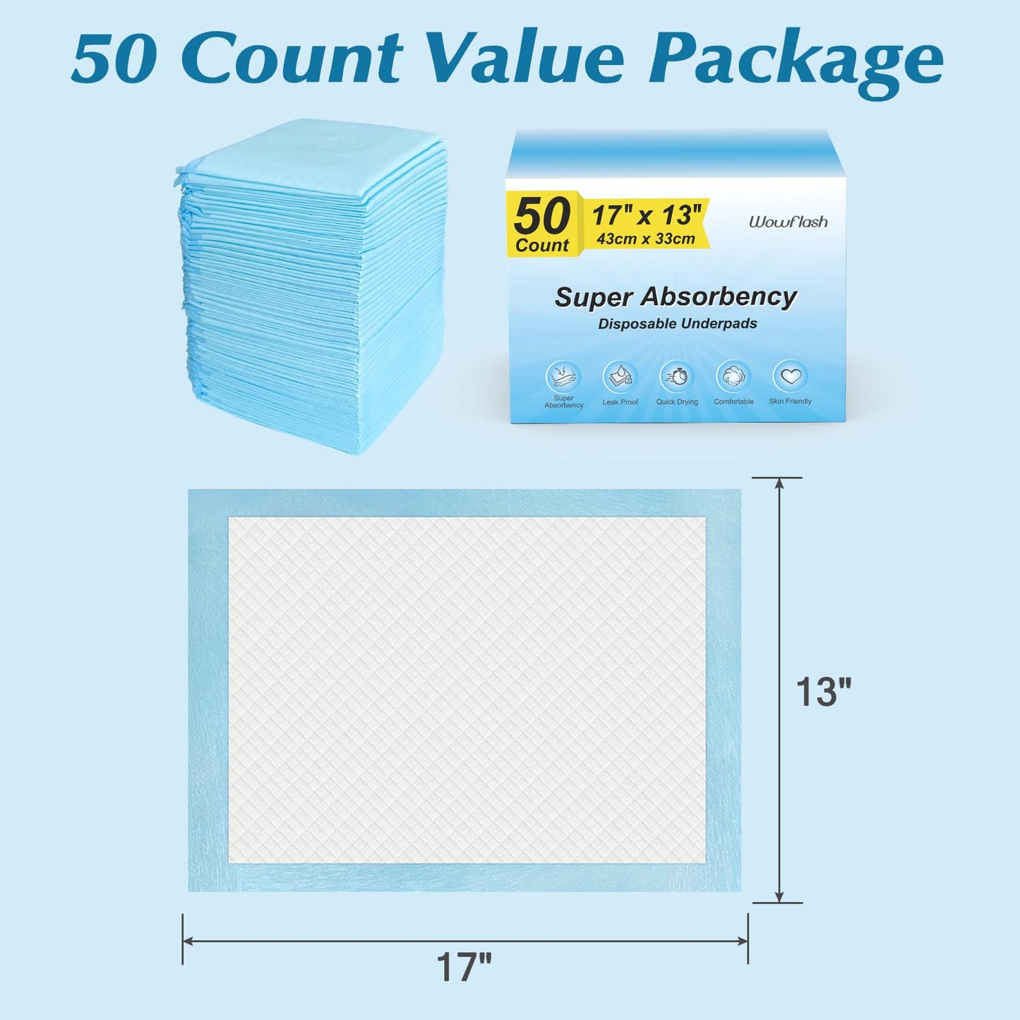 50 Count Super Absorbency Disposable Underpads, Leakproof Quick Drying Disposable Pads for Baby, Puppy and Adults, Disposable Changing Pads for Baby, Disposable Diaper Changing Pads, 17” x 13”, Blue