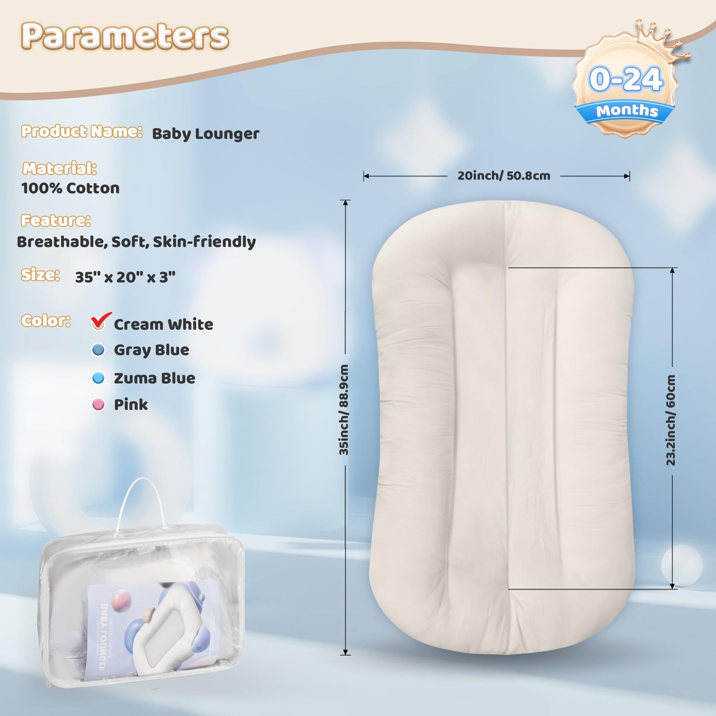 Baby Lounger - Baby Lounger for Newborn, 0-24 Months, Infant Lounger for Home and Travel, Soft Cotton, Baby Nest Lounger, Newborn Babies Essentials Gifts, White (Lounger Cover Included)