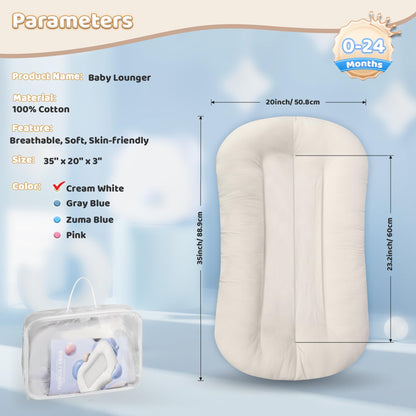 Baby Lounger - Baby Lounger for Newborn, 0-24 Months, Infant Lounger for Home and Travel, Soft Cotton, Baby Nest Lounger, Newborn Babies Essentials Gifts, White (Lounger Cover Included)