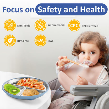 Bakpoco Stainless Steel Toddler Plate with Suction, 9” Divided Plates with Removable Silicone Sleeves for Kids, Non Toxic & BPA Free | Non Slip | Unbreakable Baby Snack Dishes Set of 2, Blue & Gray