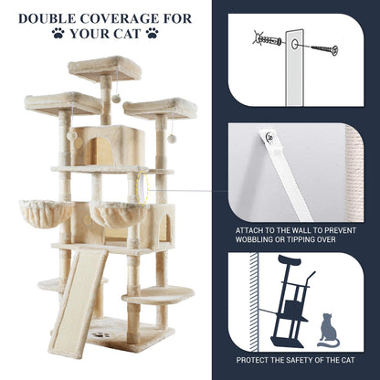 Allewie 68 Inches Cat Tree/House and Towers for Big Feline/Scratching Post/Multi-Level Large Kitty Climbing Tree with Condo/Beige