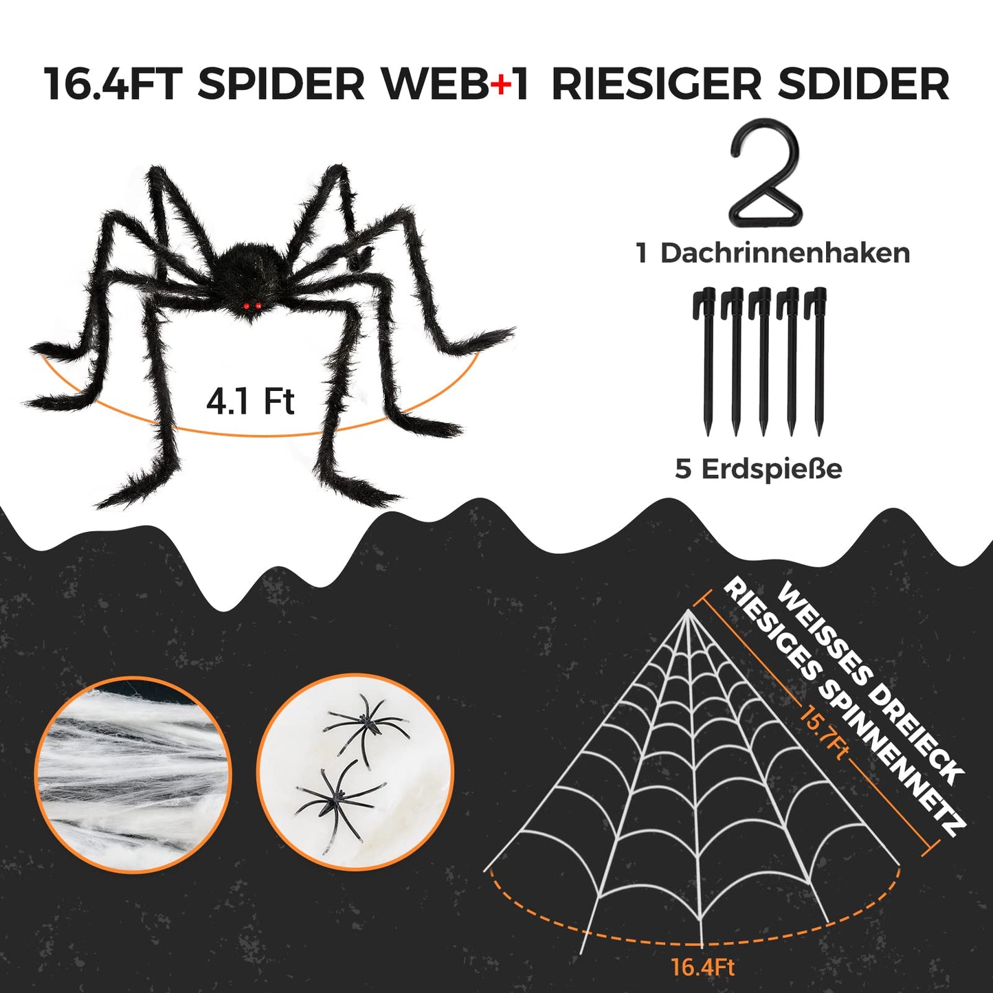 BOSONER Halloween Decorations Outdoor Spider Webs: 1Pcs Giant Spiders - 200'' Triangular Web with Hook - Stretch Web and Ground Stakes for Large Halloween Decor and Haunted House Decoration