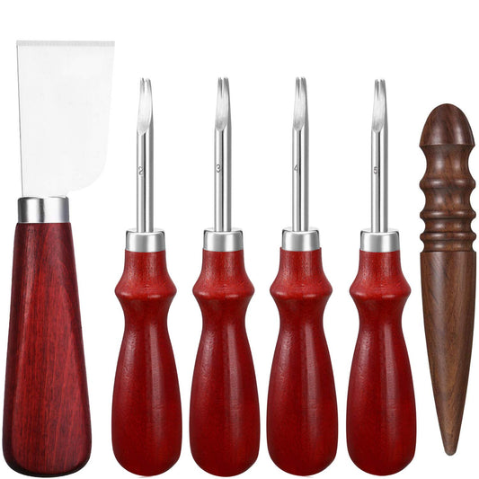 Honoson 6 Piece Leather Craft Tool Set - Includes 4 Edge Beveler, Cutting Knife, Skiving Knife, and Sandalwood Burnisher (1.5 Mm, 1.2 Mm, 1.0 Mm, 0.8 Mm)