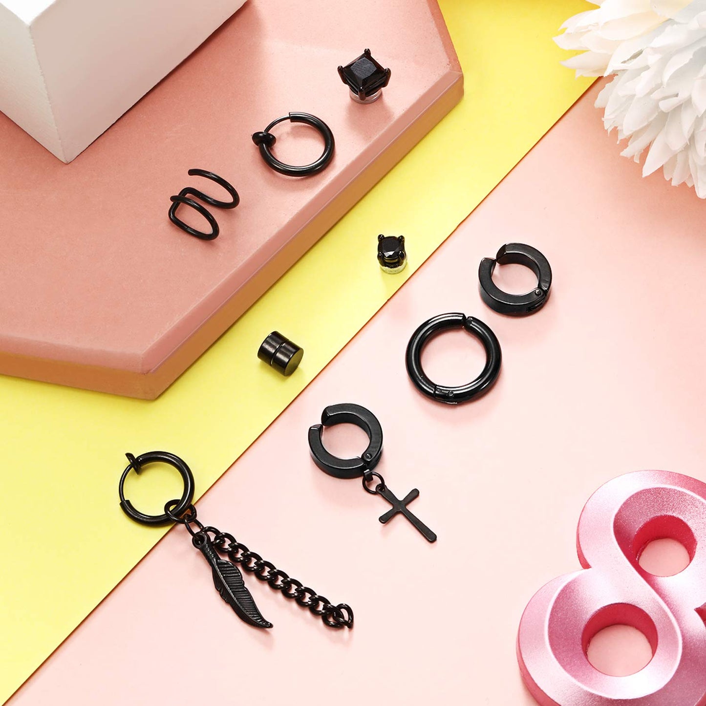 9 Pairs Magnetic Stud Earrings Stainless Steel Feather Dangle Hinged CZ Magnet Non-Piercing Cross Dangle Hoop Earring Set, Black, Stainless Steel