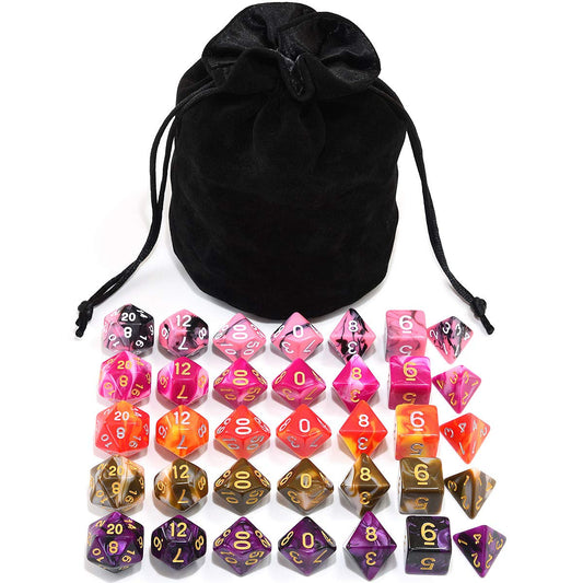 Assorted 5 Colors Polyhedral Dice Set for Dungeons and Dragons RPG Table Games with Black Drawstring Pouch