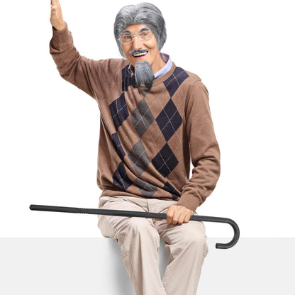 WILLBOND 8 Pcs Old Man Costume Old Man Wig Cane Glasses Faux Eyebrows Mustache Suspenders Bow Tie for Grandpa Halloween Cosplay(Dark Gray)