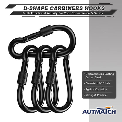 AUTMATCH Carabiner Clips, 3" Carbon Steel Spring Snap Hook Caribeener Clips Buckle Pack Grade Heavy Duty Carabiners Quick Link for Camping, Fishing, Hiking, Traveling, Locking Black, 4 Pack