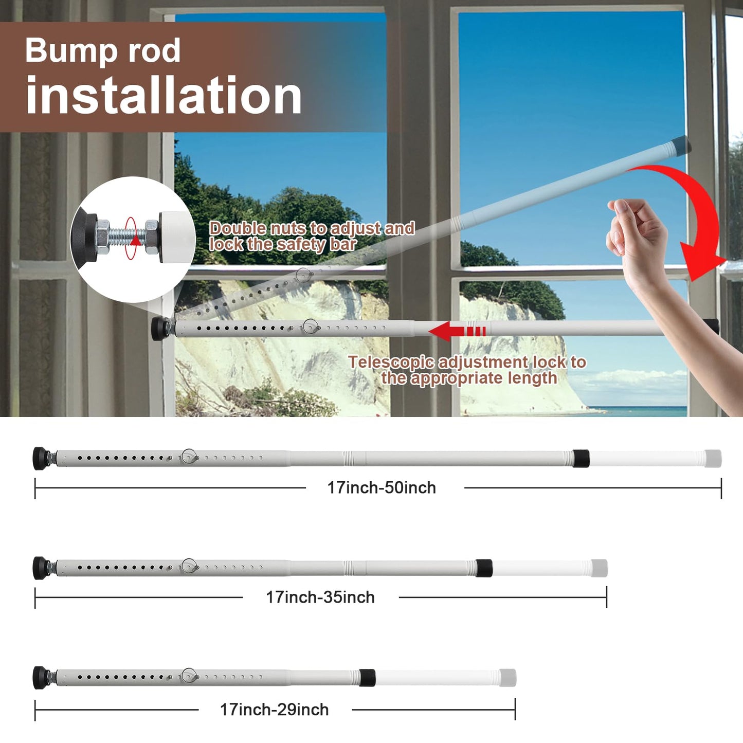 BeBecome Sliding Door Security Bar，17-50 inch Adjustable Patio Door Security bar with Rubber Tips Apartment Bedroom Bottom of Door Heavy Duty Interior White