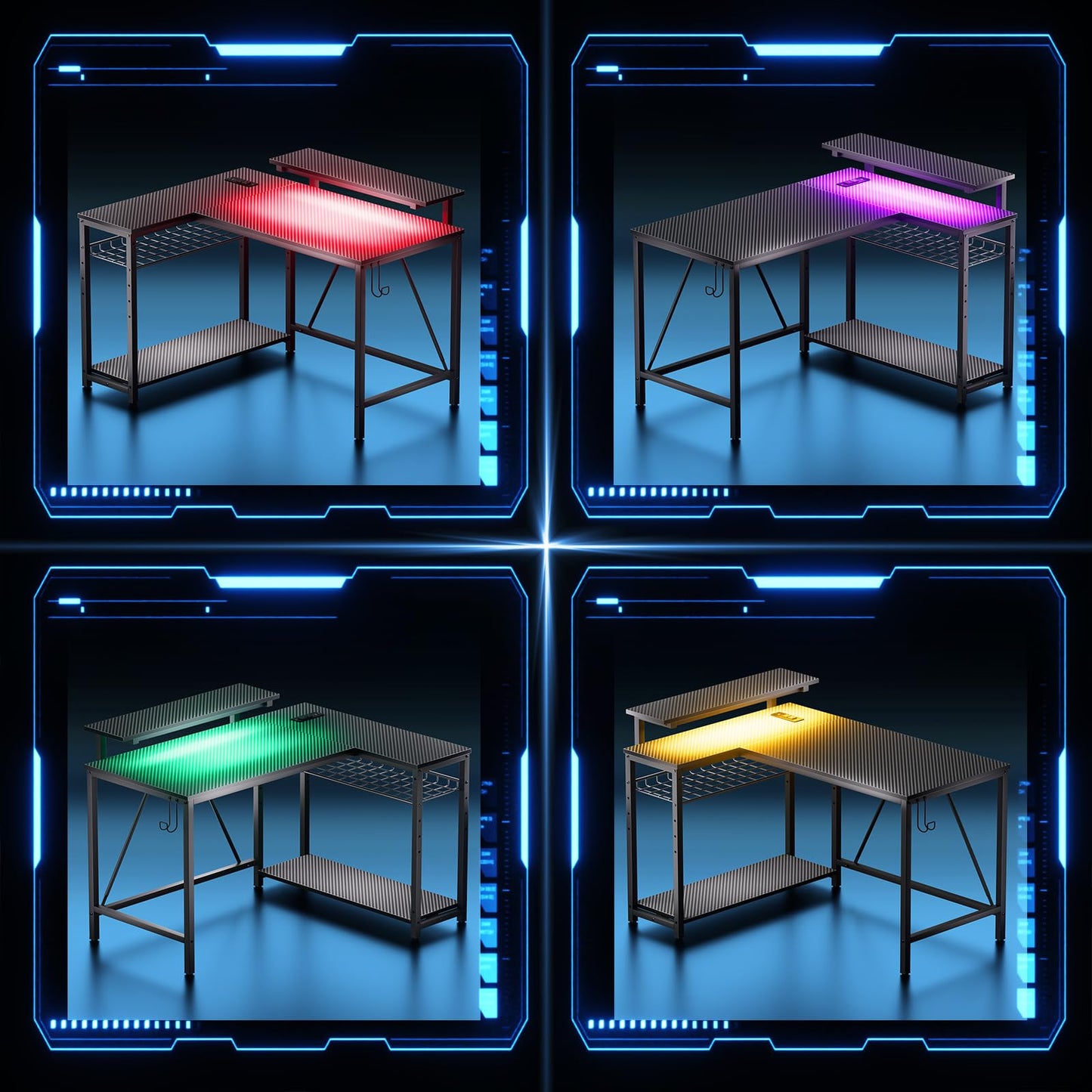 Bestier Gaming Desk with Power Outlets, 42" L-Shaped Computer Desk with LED Lights, Desk with Reversible Storage Shelves & Hooks for Small Spaces, Bedrooms & Offices, Black Carbon Fiber
