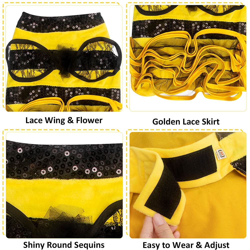 Bee Dog Costume - Bumblebee Pet Dress with Cap - Funny Halloween Outfit for Small, Medium, Large Dogs & Cats