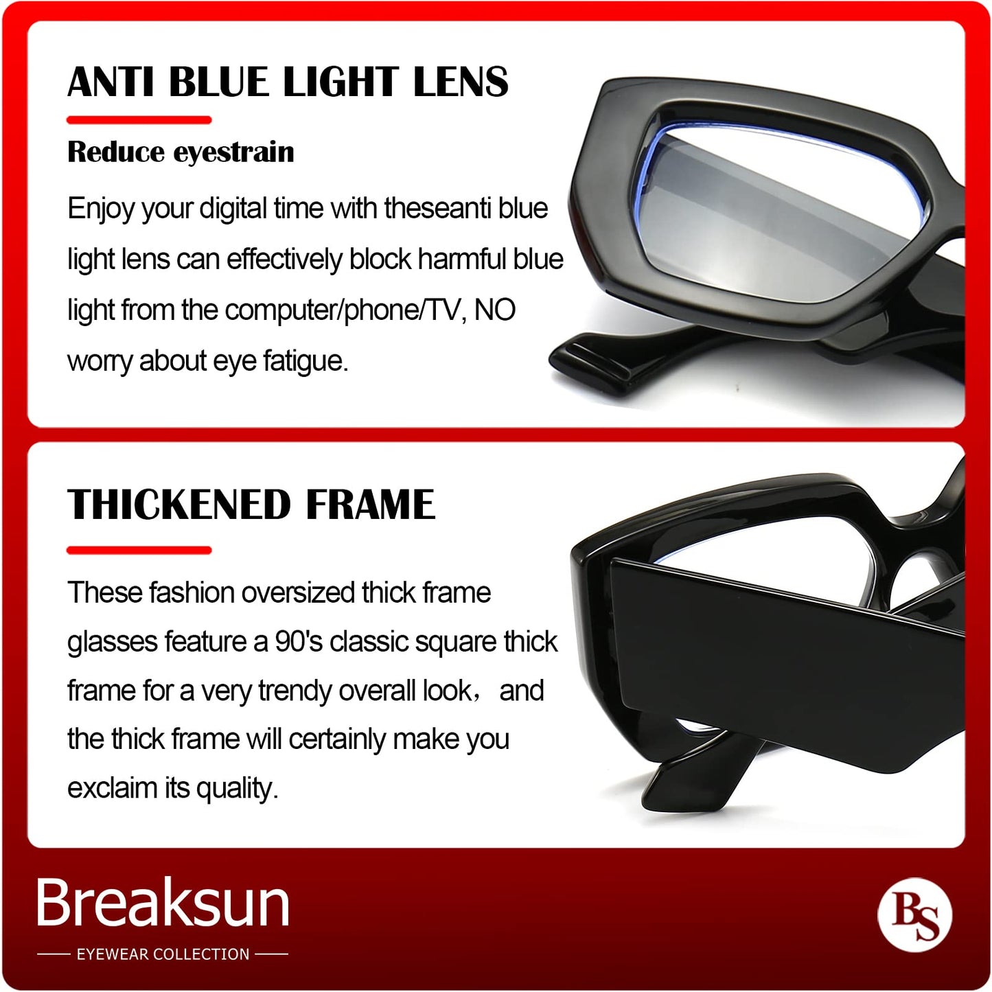 Breaksun Thick Frame Blue Light Glasses for Women Men Fashion Oversized Square Computer Gaming Eyeglasses (Black+ Olive green)