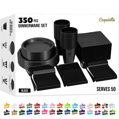 350 Pcs Black Plastic Plates For Party, Black Disposable Plates Set, 50 Of Each 9" Dinner Plate Set, 7" Dessert Plate, Cups, Napkins & Cutlery Plastic Dinnerware Party Solids
