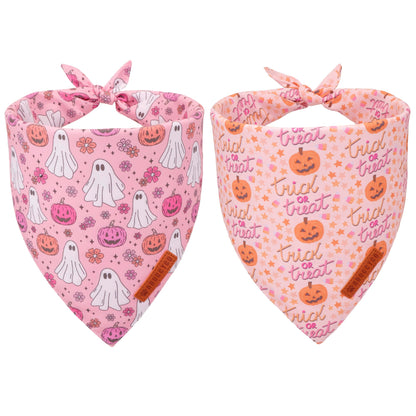 ADOGGYGO Halloween Dog Bandana, Pink Pumpkin Ghost Scarf, Adjustable Fit Female Halloween Bandanas for Medium Large Dogs Pets (Large)