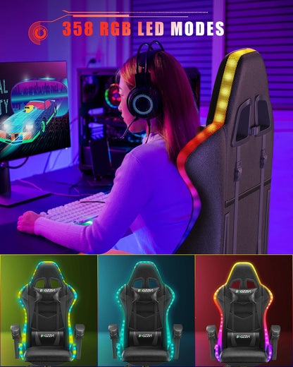 Bigzzia Gaming Chair with RGB LED Lights, High Back Ergonomic Computer Gamer Chair with Headrest and Lumbar Support, Racing Style Reclining Game Chair for Adults, Kids (Black)