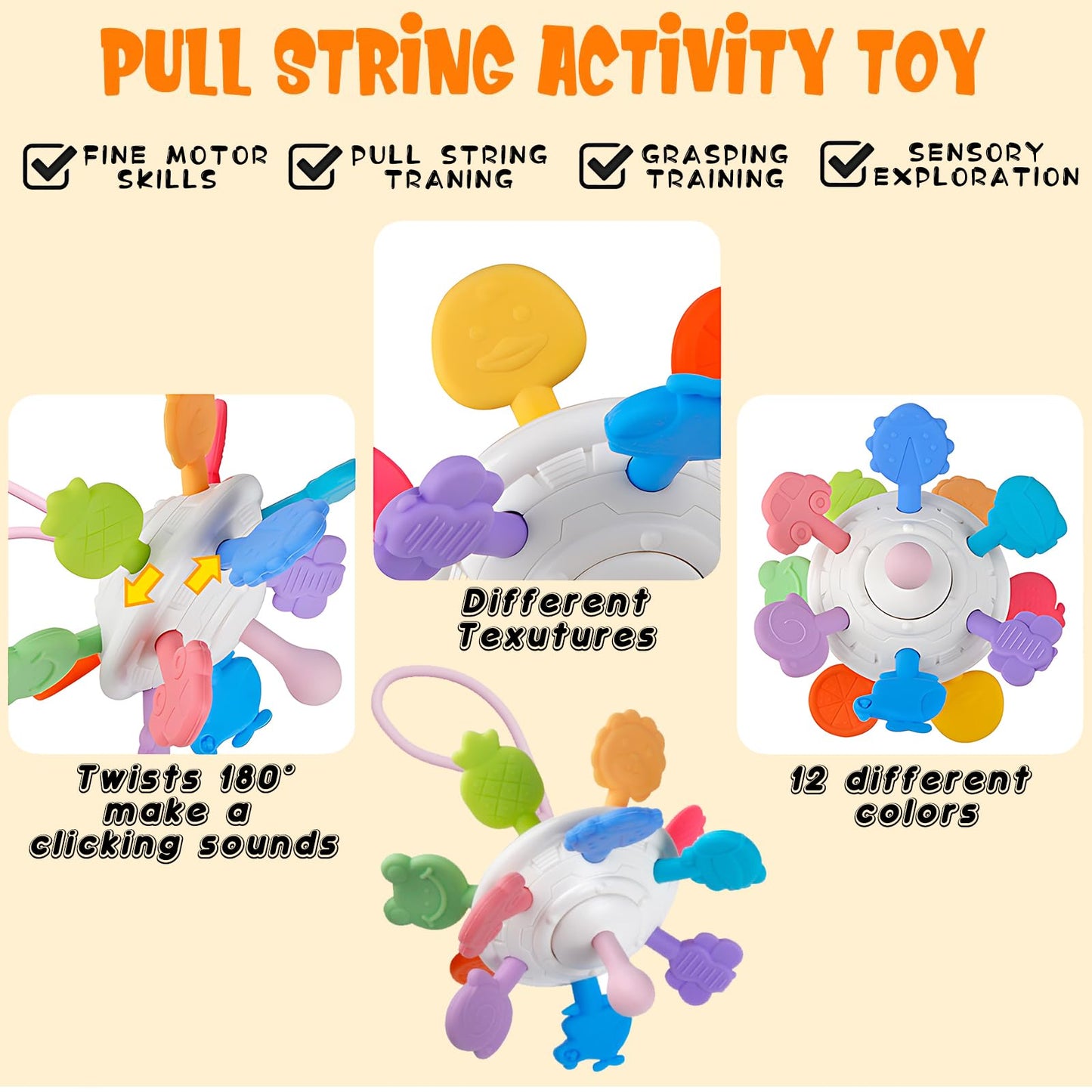 6 in 1 Baby Toys 6 to 12 Months, Montessori Toy for Toddlers 1-3, Infant Teething Babies Toy Stacking Blocks Rings Pull String Toy Sorter Sensory Bin