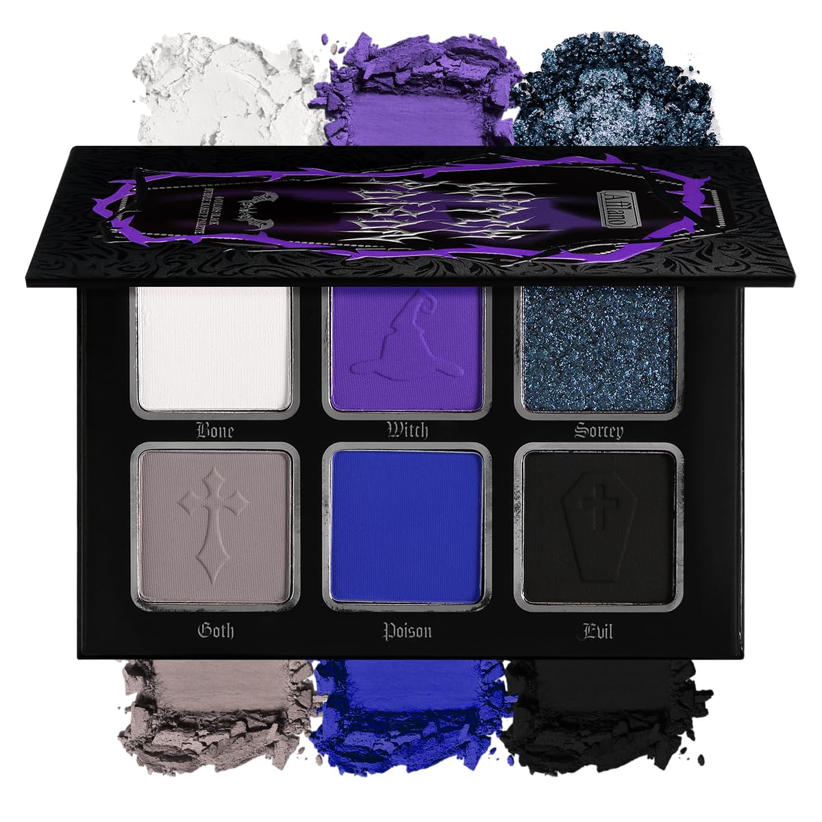 Afflano Goth Eyeshadow Palette Purple Blue, Multichrome Chrome Blue Purple Matte Black White Grey Dark Eye Shade, Gothic Halloween Makeup Eye Shadow Pallet for Joker Clown Cosplay SFX Makeup Costume