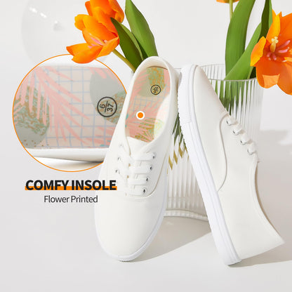 Womens Classic White Sneakers,Low Top White Canvas Shoes,Lightweight Casual Canvas Sneakers(White Flower.US8)