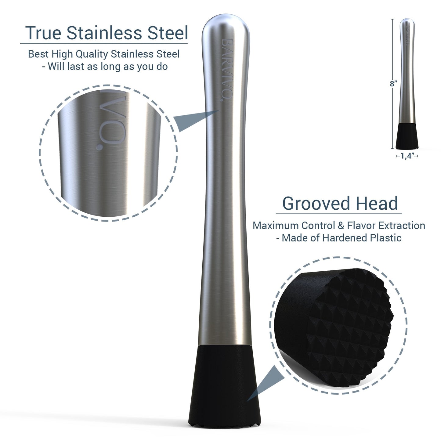 Barvivo Drink Muddler for Cocktails - 8 Inch Professional Stainless Steel Muddler - Durable Cocktail Muddler Set Drink Smasher & Mojito Muddler - Wine Accessories Ideal Valentines Day Gifts for Him