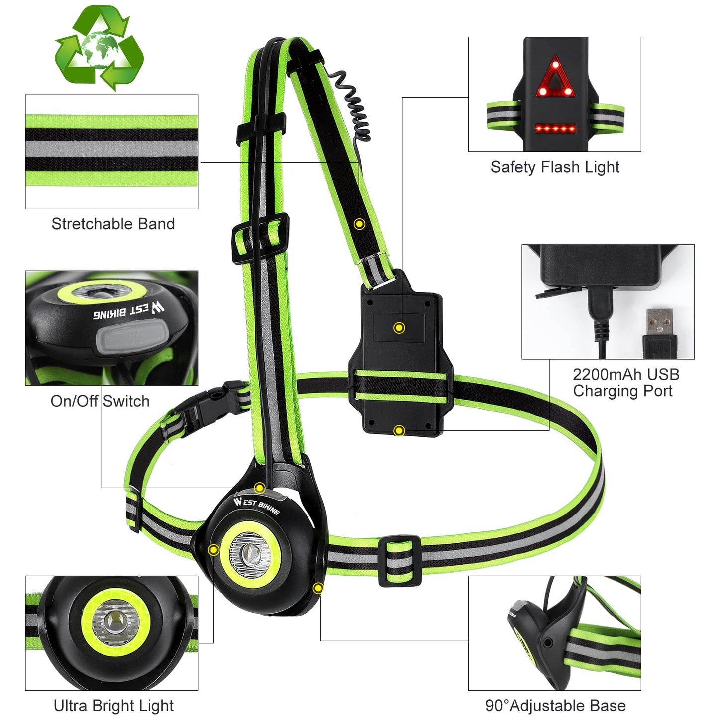 ICOCOPRO Running Light with Reflectors, 90° Adjustable LED Chest Light, Waterproof, USB Rechargeable, 500 Lumens, Running Lamp with Red Light for Running, Jogging, Fishing, Camping