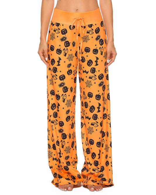 Women Halloween Pajamas Pants Ladies Pumpkin Ghost Pajama Cute Soft Lounge Bottoms Pj Pjs Jammies Fall Funny Spooky Teen Comfy Long Cozy Sleep Pant Print Orange Ghosts