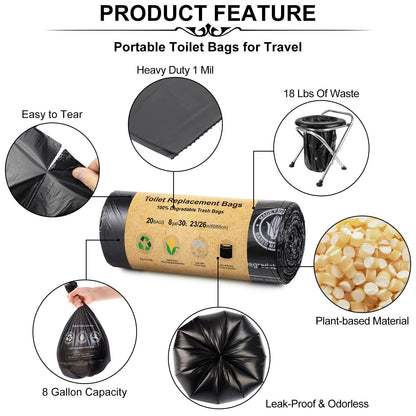 BLIKA 60 Count Toilet Replacement Bags, 8 Gallon, 30 Liter, Heavy Duty 1 Mil, Compost Bags 8 Gallon, Camping Toilet Bags for Portable Toilet, Car Travel, Camping, Long Trips