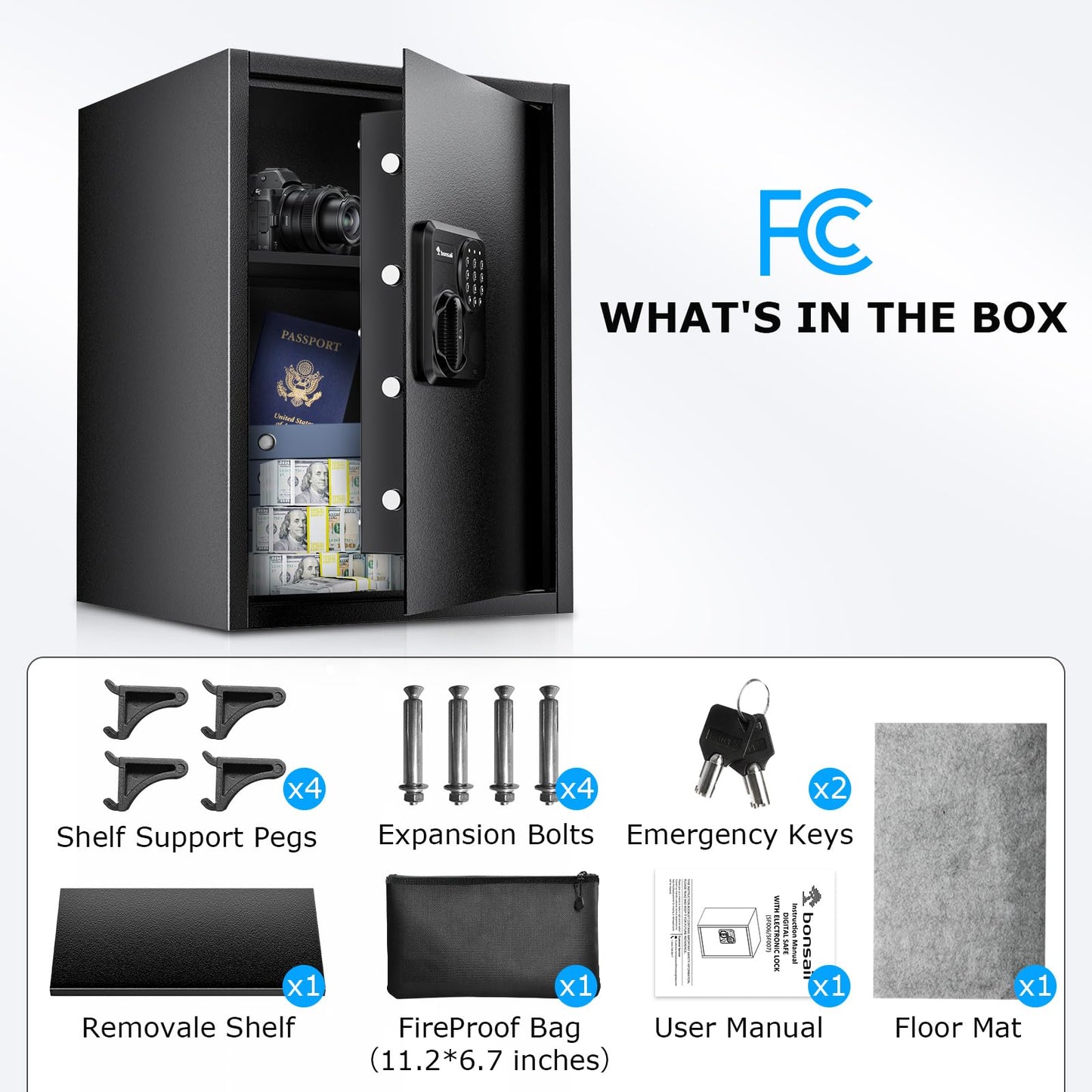 Bonsaii Large Safe Box with Fireproof Bag,2.5 Cubic Feet for home security with Electronic Keypad and Removable Shelf,Document Safe for Home,Money,Cash,Jewelry,15.7"Wx15"Dx21.7"H