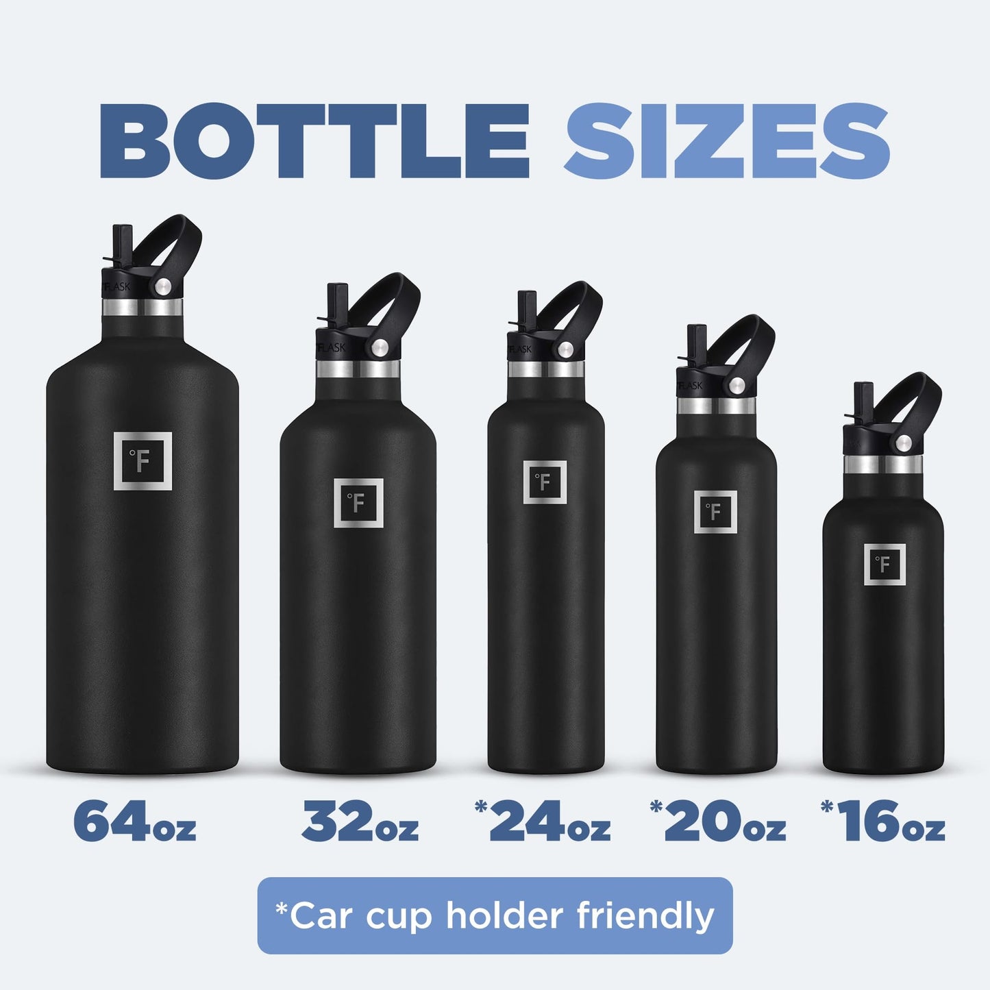 IRON °FLASK Camping & Hiking Hydration Canteens - 3 Lids (Narrow Straw Lid) Leak Proof Vacuum Insulated Stainless Steel - Hot & Cold Double Walled Sports Water Bottle - Midnight Black, 24 Oz