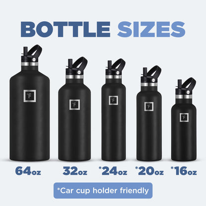 IRON °FLASK Camping & Hiking Hydration Canteens - 3 Lids (Narrow Straw Lid) Leak Proof Vacuum Insulated Stainless Steel - Hot & Cold Double Walled Sports Water Bottle - Midnight Black, 24 Oz