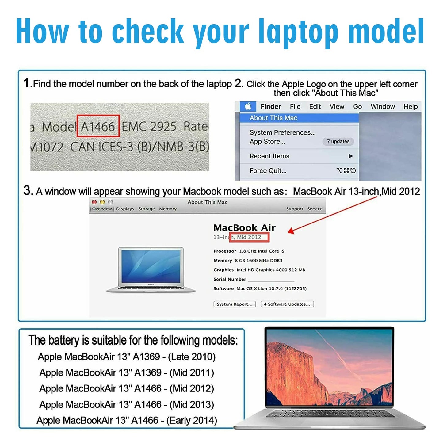A1405 A1466 Laptop Battery for MacBook Air 13 inch A1466 (Mid 2012,Mid 2013,Early 2014, Early 2015,2017) A1369(Late 2010,Mid 2011 Version) fits A1496 A1377 (EMC :2925, 2469, 2559, 2392) [Upgraded 3.0]