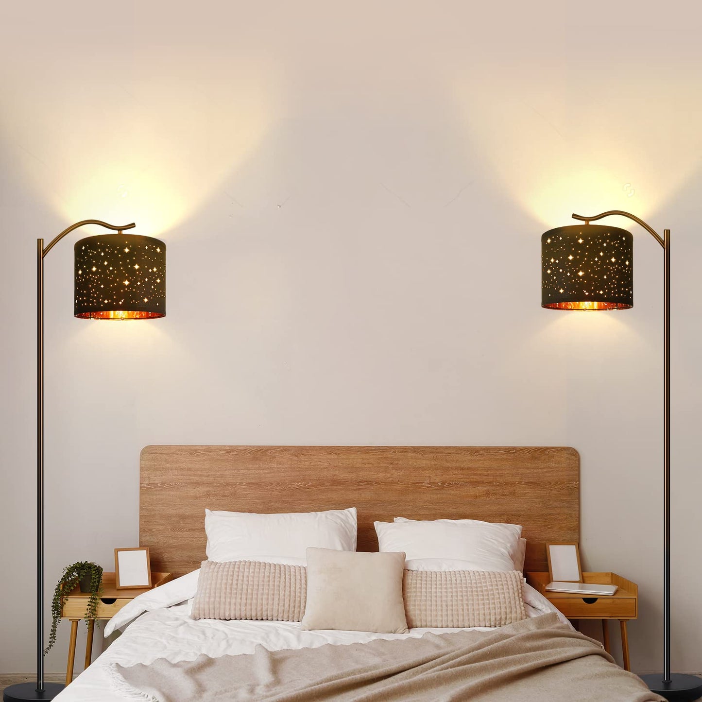 BoostArea Floor Lamp for Living Room,LED Arched Tall Modern Standing Lamp with Bohemian Linen Shade, E26 Socket, Footswitch,Black Mid Century Floor Lamp for Bedrooms,Office,Star Shade