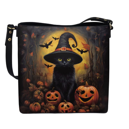 HUGS IDEA Black Cat Halloween Tote Bag for Women Pu Leather Satchel Bags Handbag Crossbody Hobo Purse for Outdoor Travel Holiday Vacation