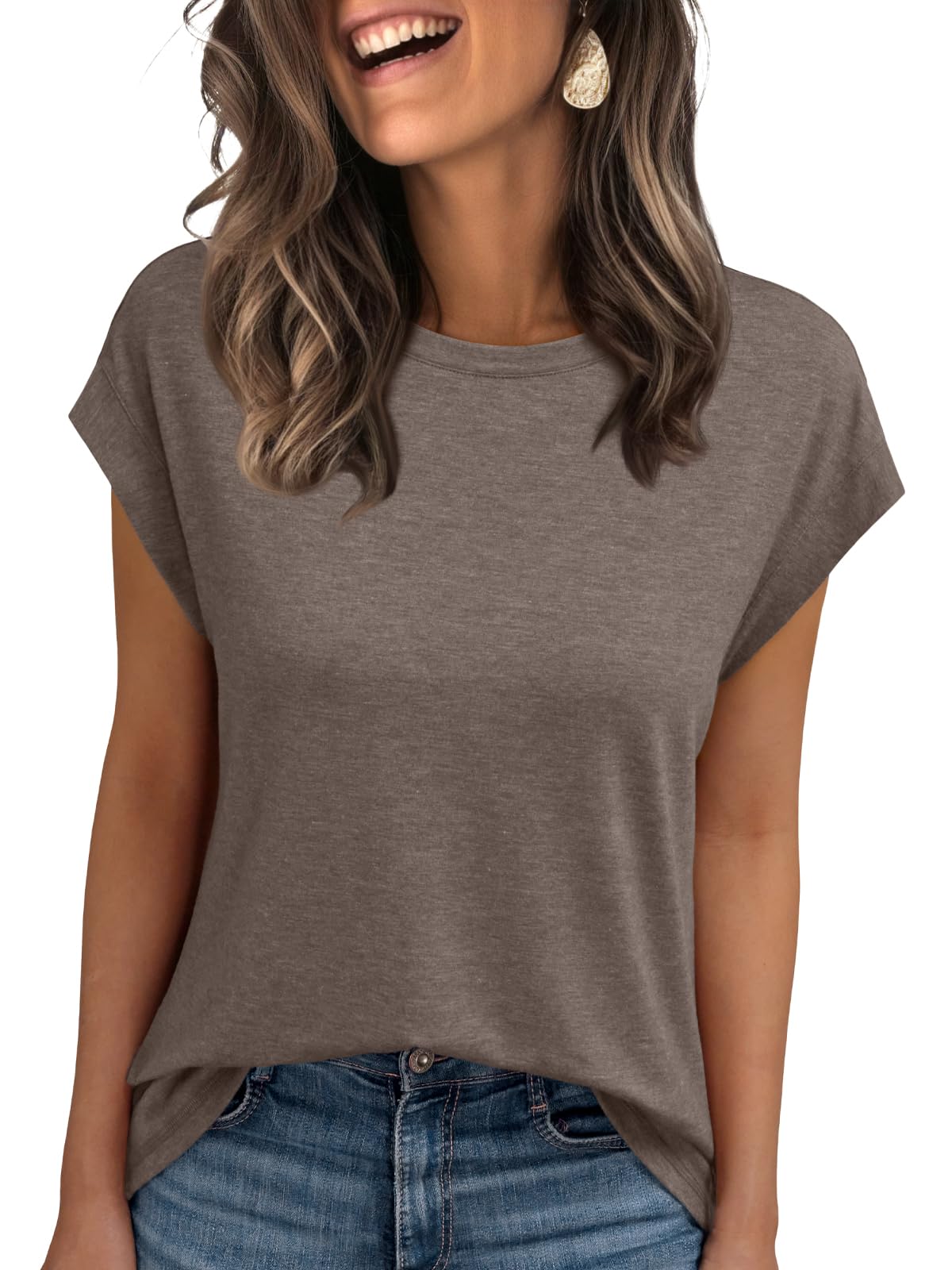 AUTOMET Womens Tops Summer Basic T Shirts Business Casual Loose Fit Cap Sleeve Tee Cute Clothes Trendy Fashion Outfits CoffeeGrey XL