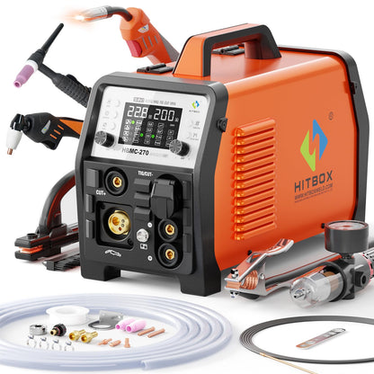 HITBOX MIG Welder 200A, 220V [6 in 1] Gasless/Gas MIG/HF TIG/Plasma Cutter 40A/Stick/Spot, 2T/4T Aluminum Multi Process Welder Machine with Synergy Large LED Display (HBMC270)
