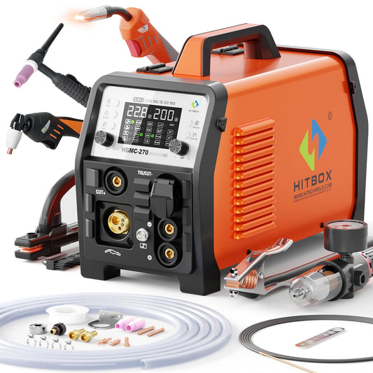HITBOX MIG Welder 200A, 220V [6 in 1] Gasless/Gas MIG/HF TIG/Plasma Cutter 40A/Stick/Spot, 2T/4T Aluminum Multi Process Welder Machine with Synergy Large LED Display (HBMC270)