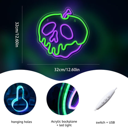 WLHOPE Halloween Neon Sign - Dimmable Skull Apple Wall Decor Light, USB Connectivity for Bedroom, Bar, Shops, Party Decoration