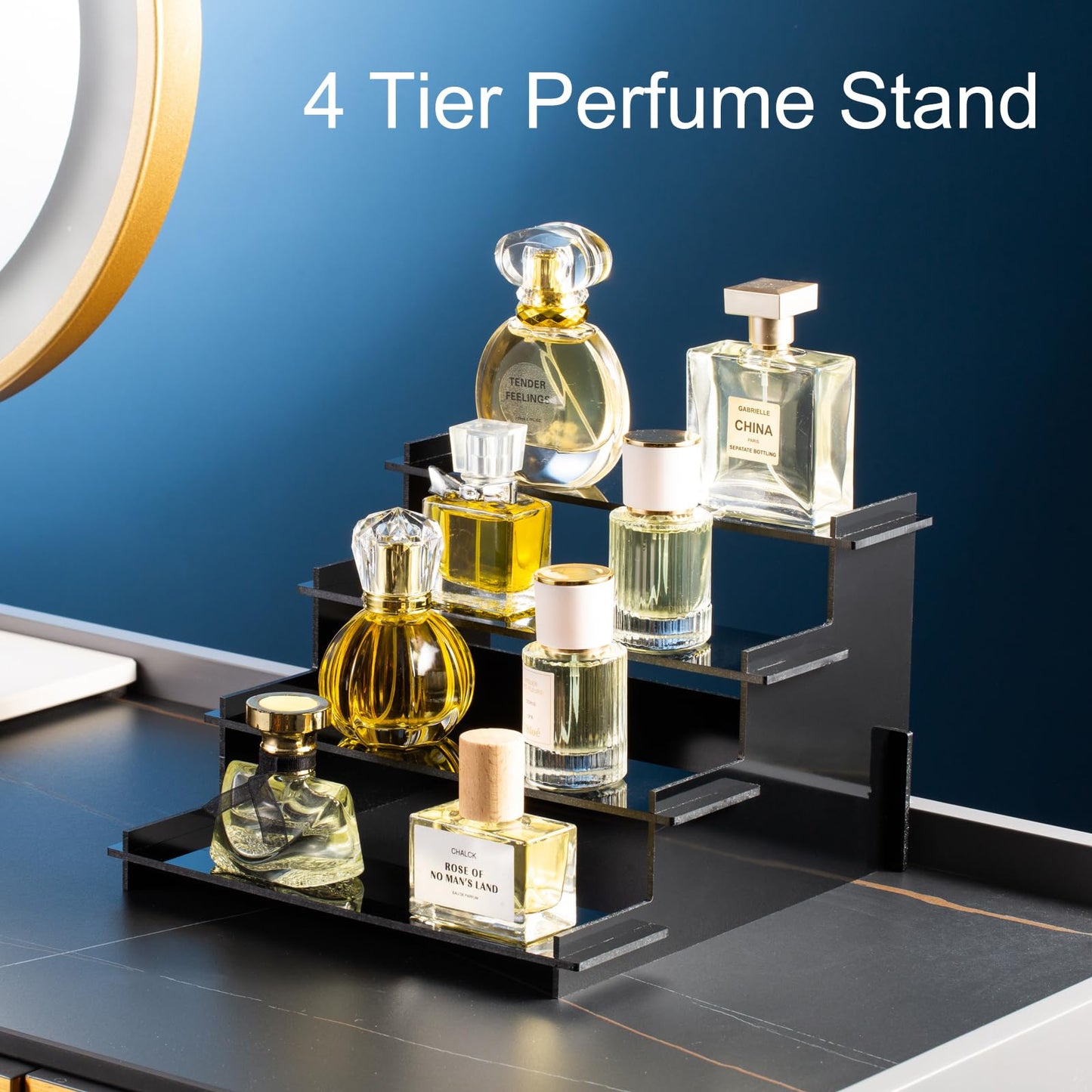 HENABLE 4 Tier Black Acrylic Display Risers, Perfume Organizer Stand, Cupcake Stand Holder, Shelf Risers for Display Stands for Funko POP Figure, Dessert Shelves for Party, Decoration