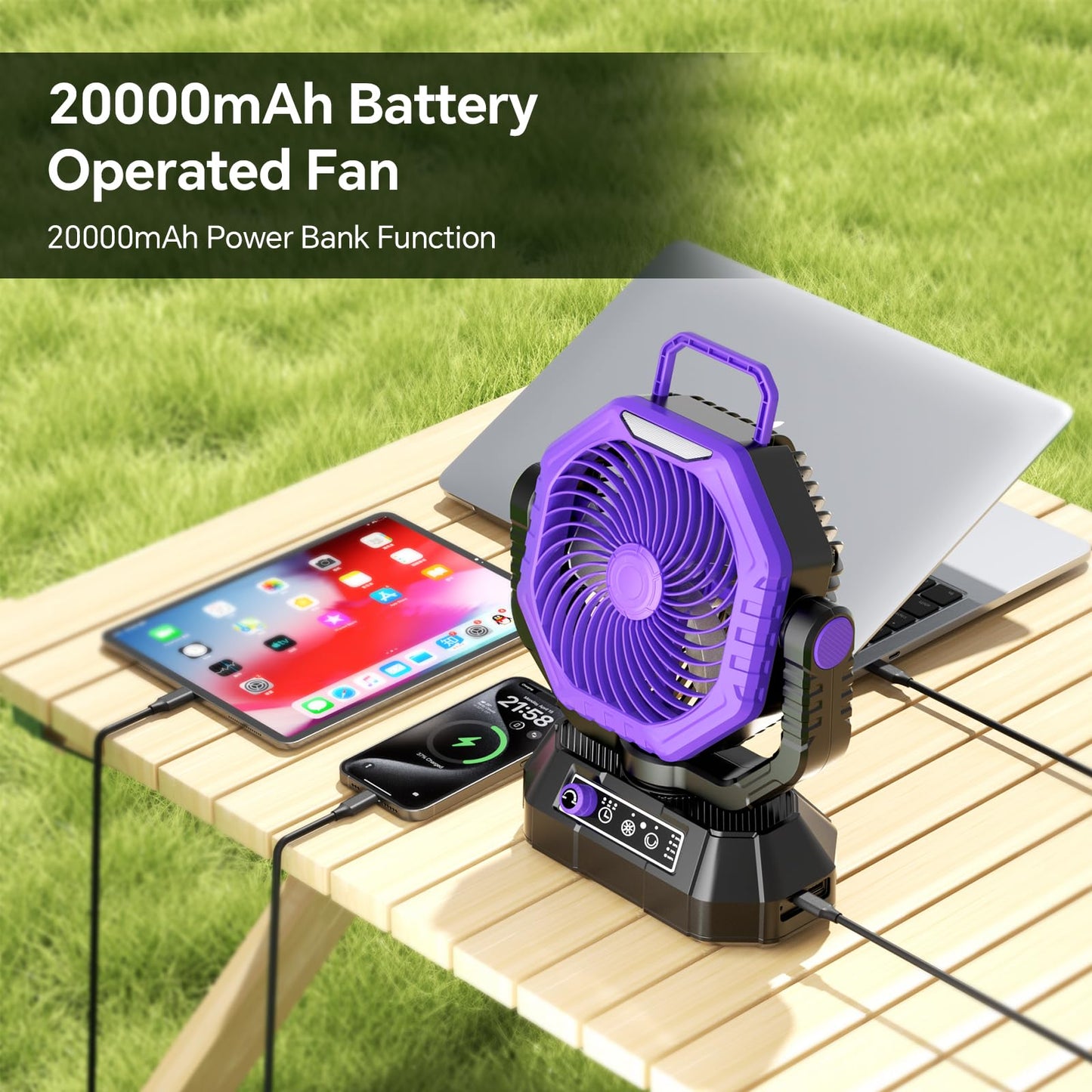 AJVV Camping Fan, 20000mAh Portable Rechargeable Battery Powered Fan with Stepless Wind Speed, Personal Desk USB with Light for Outdoor, Home, Tent, Fishing, Camping