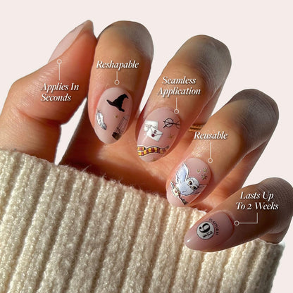 Harry Potter™ x Glamnetic Press On Nails - Hogwarts™ | Semi-Transparent Multi Graphic Short Oval Nails in a Glossy Finish | 15 Sizes - 30 Nail Kit with Glue