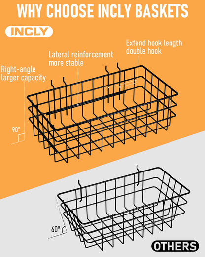 INCLY 4 Pack Pegboard Baskets Bins Set, 4 Size Square Style Black Metal Wire Basket for Any Peg Board Organizing Tools, Pegboard Accessories for Workbench Garage Wall Storage Attachments