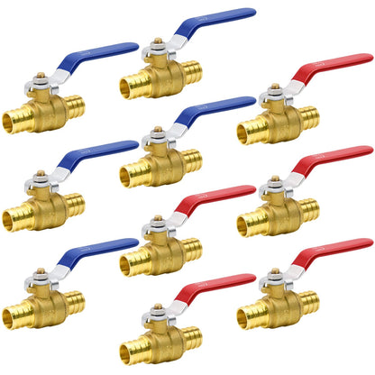 4/10/20pcs PEX Ball Valves, 3/4" PEX Brass Full Port Shut Off Ball Valve, Full Port Shut-off Ball Valve, Quarter Turn HOT (RED) COLD (BLUE) of Water Stop Shut off (3/4", 10pcs)