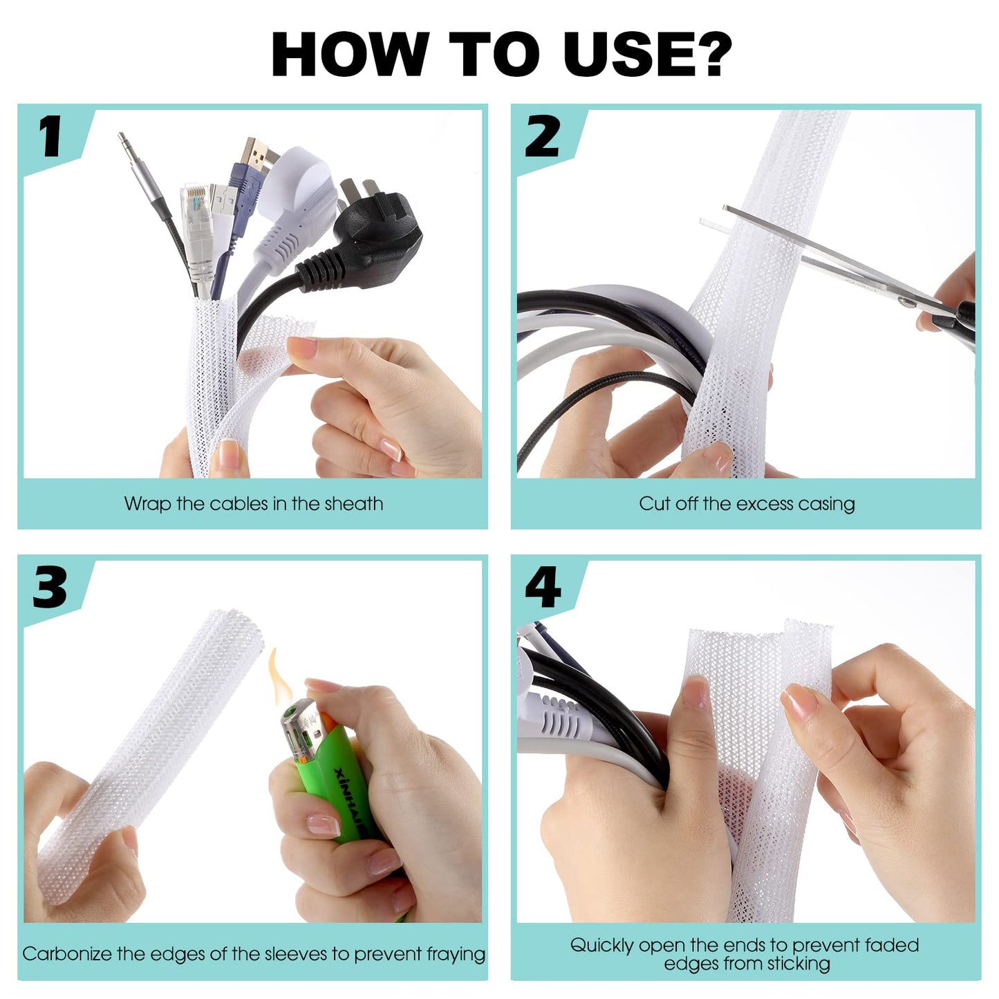 AGPTEK White Cable Sleeve Cover, 2 Pack 5ft - 1.2 inch Cord Management Wire Organizer Under Desk, Home Office Computer Wire Cover Hider Cord Protector, Protect Pet Cat Dog from Chewing, White